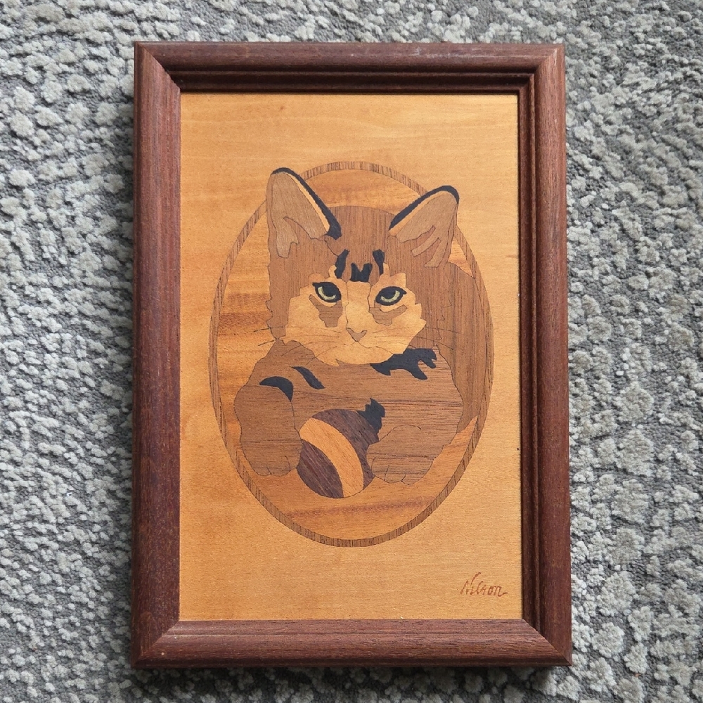 Vintage Wood Inlay Hudson River Cat Art